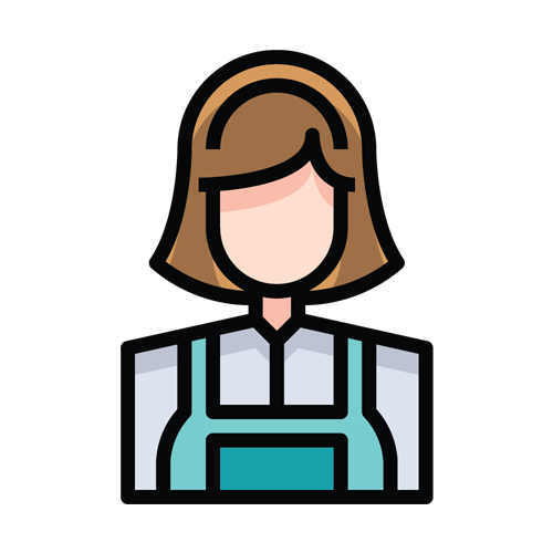 Cleaning service icon depicting a woman in a uniform, representing Dulinagi Axe Services' commitment to professional cleaning for offices, storefronts, and churches.