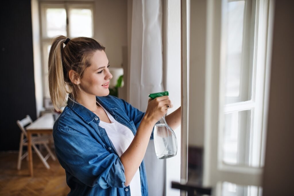 Young woman standing indoors at home, performing a window cleaning service.
